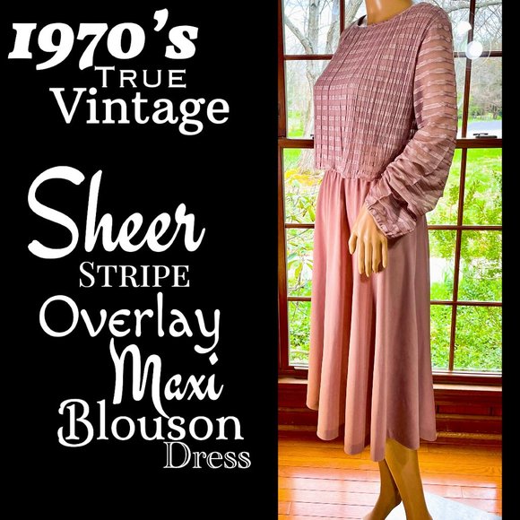 Vintage Dresses & Skirts - ▪️VTG▪️1970's Rose Pink Sheer Stripe Overlay Maxi Blouson Dress